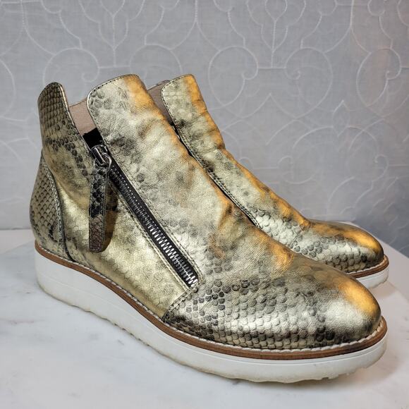 SILENT D Anthro OHMY Booties EU 38 US 7.5 Gold Leather Snakeskin Zipper Ankle - Picture 2 of 14